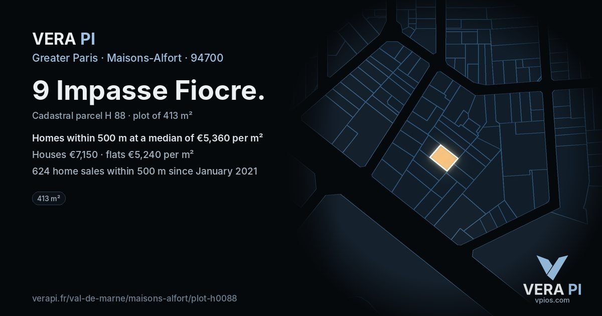 9 Impasse Fiocre, Maisons-Alfort at night – the plot lit, the parcels around coloured by the prices near them