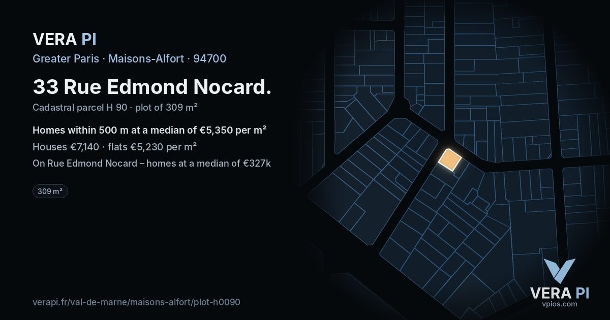 33 Rue Edmond Nocard, Maisons-Alfort at night – the plot lit, the parcels around coloured by the prices near them