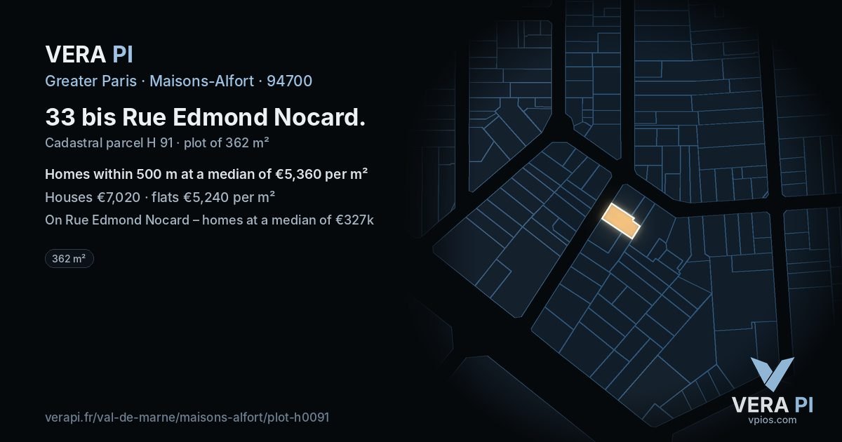 33 bis Rue Edmond Nocard, Maisons-Alfort at night – the plot lit, the parcels around coloured by the prices near them