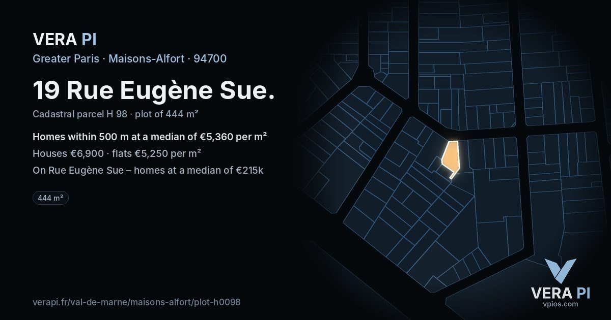 19 Rue Eugène Sue, Maisons-Alfort at night – the plot lit, the parcels around coloured by the prices near them