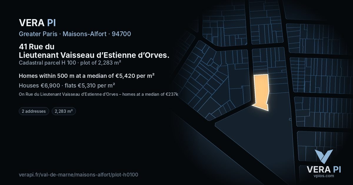 41 Rue du Lieutenant Vaisseau d’Estienne d’Orves, Maisons-Alfort at night – the plot lit, the parcels around coloured by the prices near them