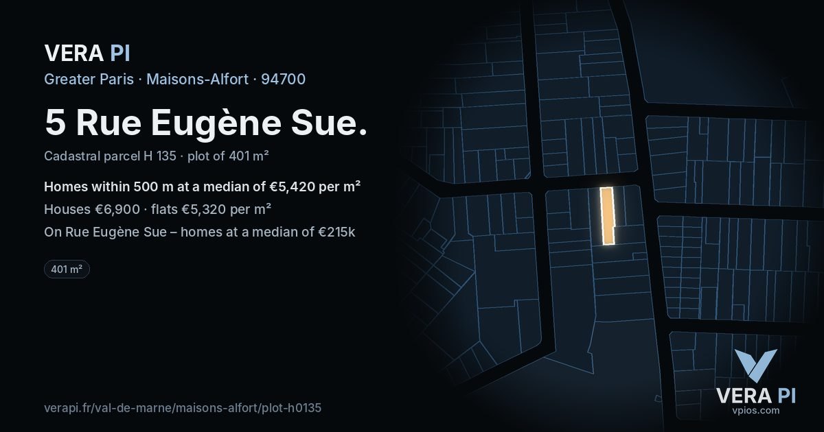 5 Rue Eugène Sue, Maisons-Alfort at night – the plot lit, the parcels around coloured by the prices near them