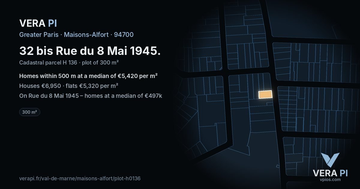 32 bis Rue du 8 Mai 1945, Maisons-Alfort at night – the plot lit, the parcels around coloured by the prices near them