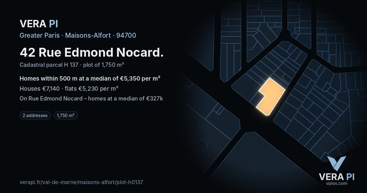 42 Rue Edmond Nocard, Maisons-Alfort at night – the plot lit, the parcels around coloured by the prices near them
