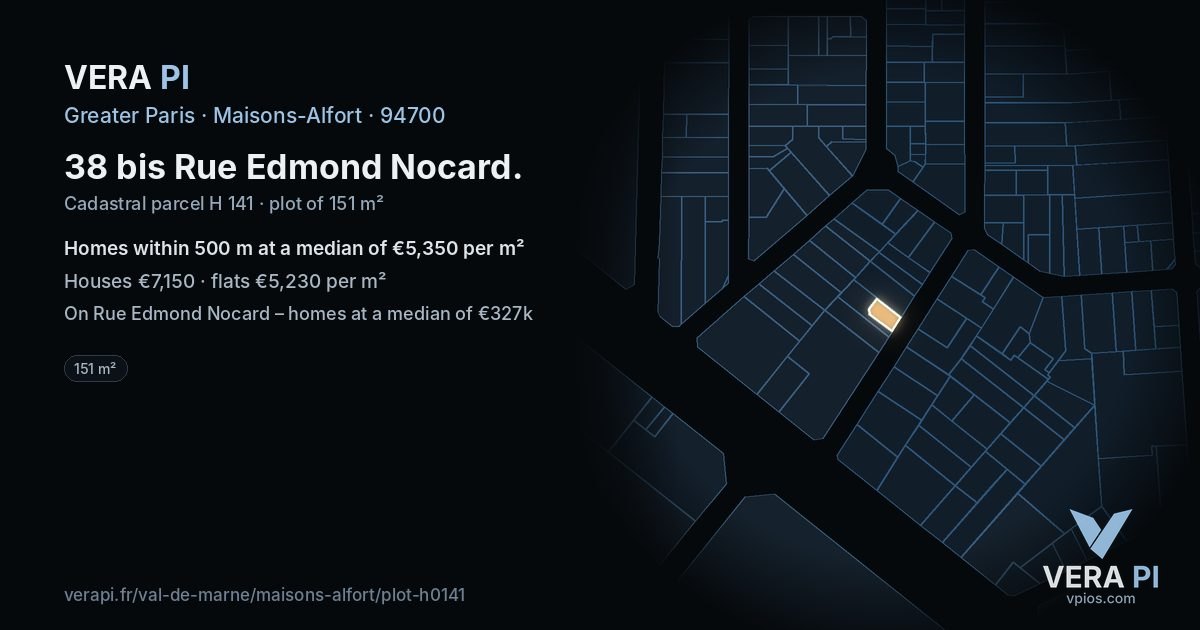 38 bis Rue Edmond Nocard, Maisons-Alfort at night – the plot lit, the parcels around coloured by the prices near them