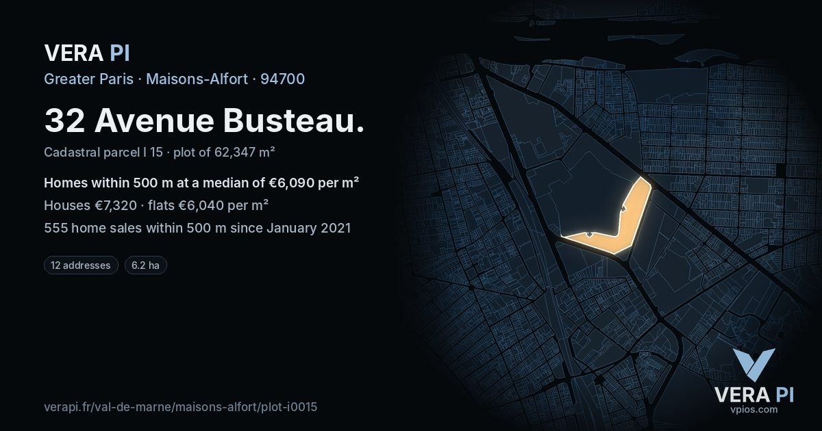 32 Avenue Busteau, Maisons-Alfort at night – the plot lit, the parcels around coloured by the prices near them