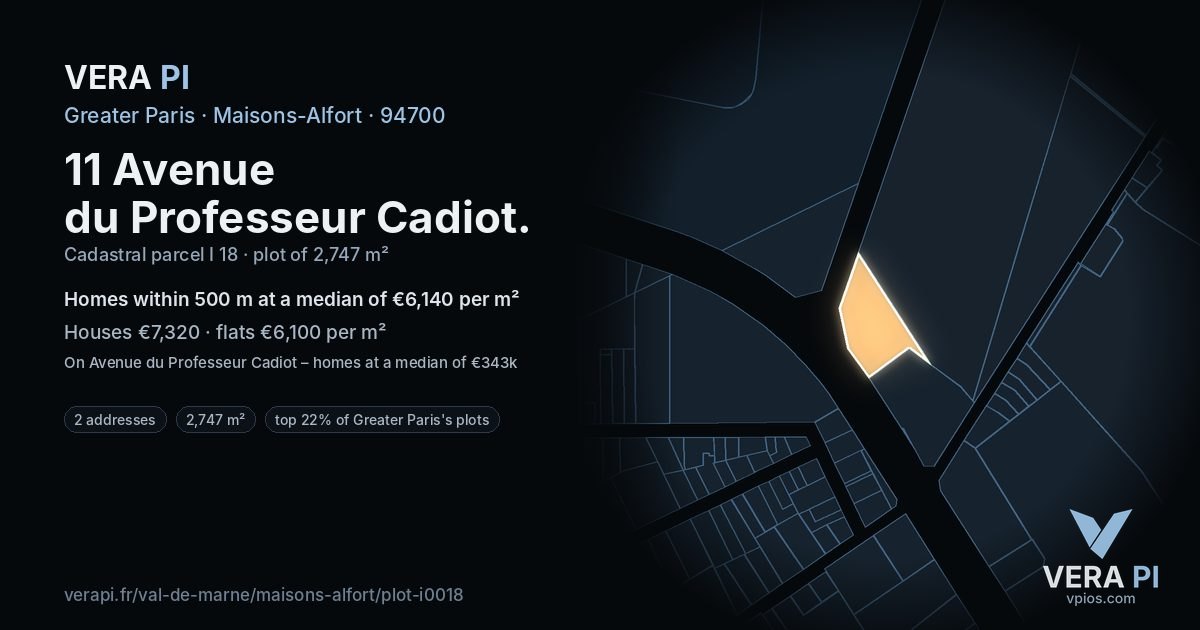 11 Avenue du Professeur Cadiot, Maisons-Alfort at night – the plot lit, the parcels around coloured by the prices near them
