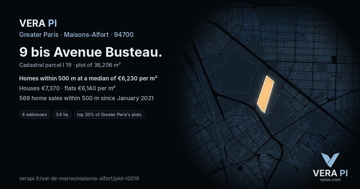 9 bis Avenue Busteau, Maisons-Alfort at night – the plot lit, the parcels around coloured by the prices near them