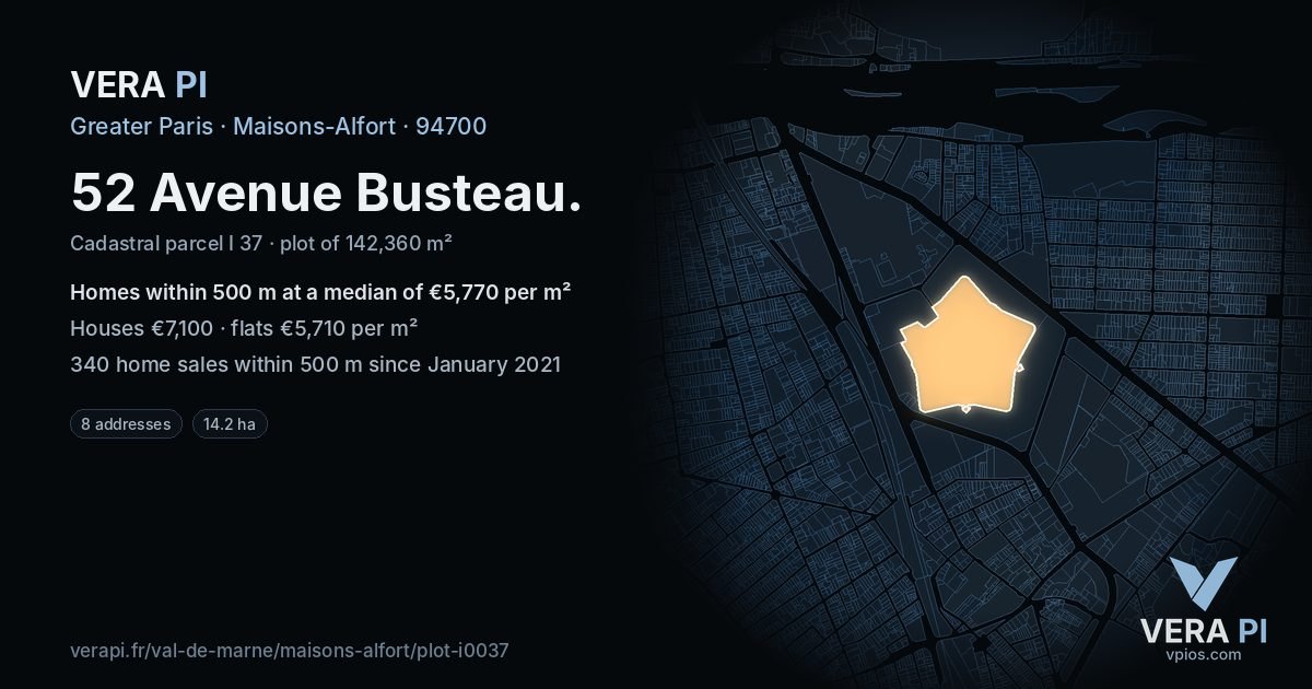 52 Avenue Busteau, Maisons-Alfort at night – the plot lit, the parcels around coloured by the prices near them