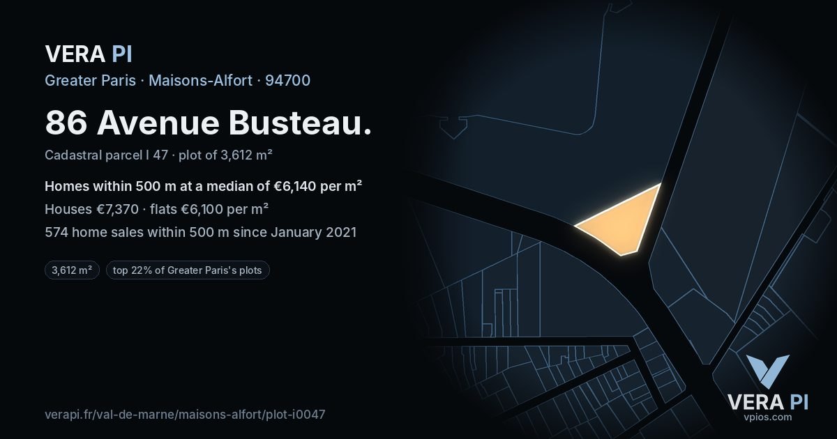 86 Avenue Busteau, Maisons-Alfort at night – the plot lit, the parcels around coloured by the prices near them