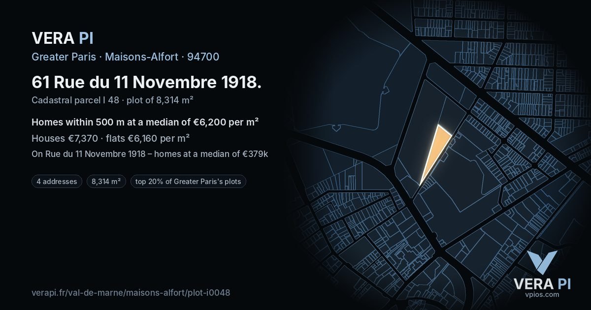 61 Rue du 11 Novembre 1918, Maisons-Alfort at night – the plot lit, the parcels around coloured by the prices near them