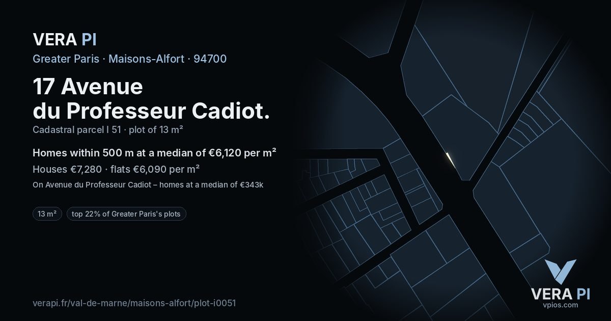 17 Avenue du Professeur Cadiot, Maisons-Alfort at night – the plot lit, the parcels around coloured by the prices near them