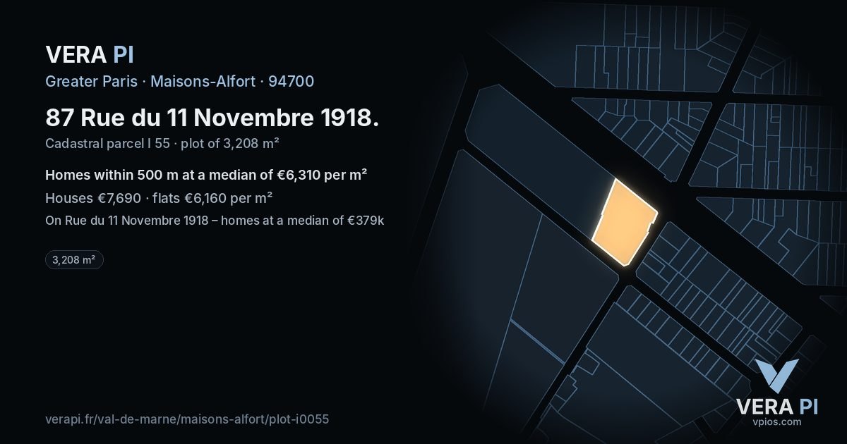 87 Rue du 11 Novembre 1918, Maisons-Alfort at night – the plot lit, the parcels around coloured by the prices near them