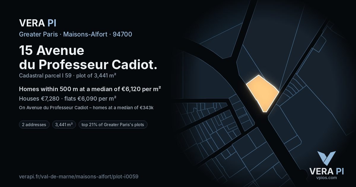 15 Avenue du Professeur Cadiot, Maisons-Alfort at night – the plot lit, the parcels around coloured by the prices near them