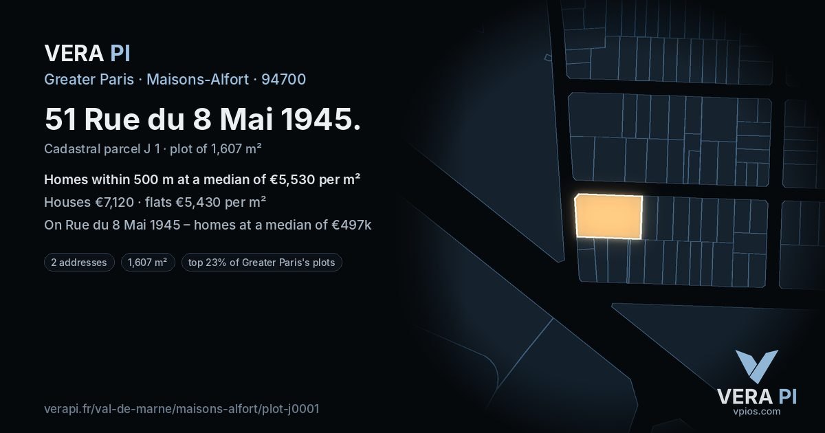 51 Rue du 8 Mai 1945, Maisons-Alfort at night – the plot lit, the parcels around coloured by the prices near them