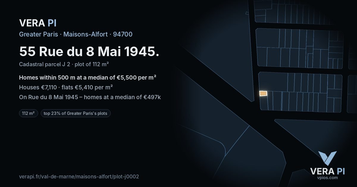 55 Rue du 8 Mai 1945, Maisons-Alfort at night – the plot lit, the parcels around coloured by the prices near them
