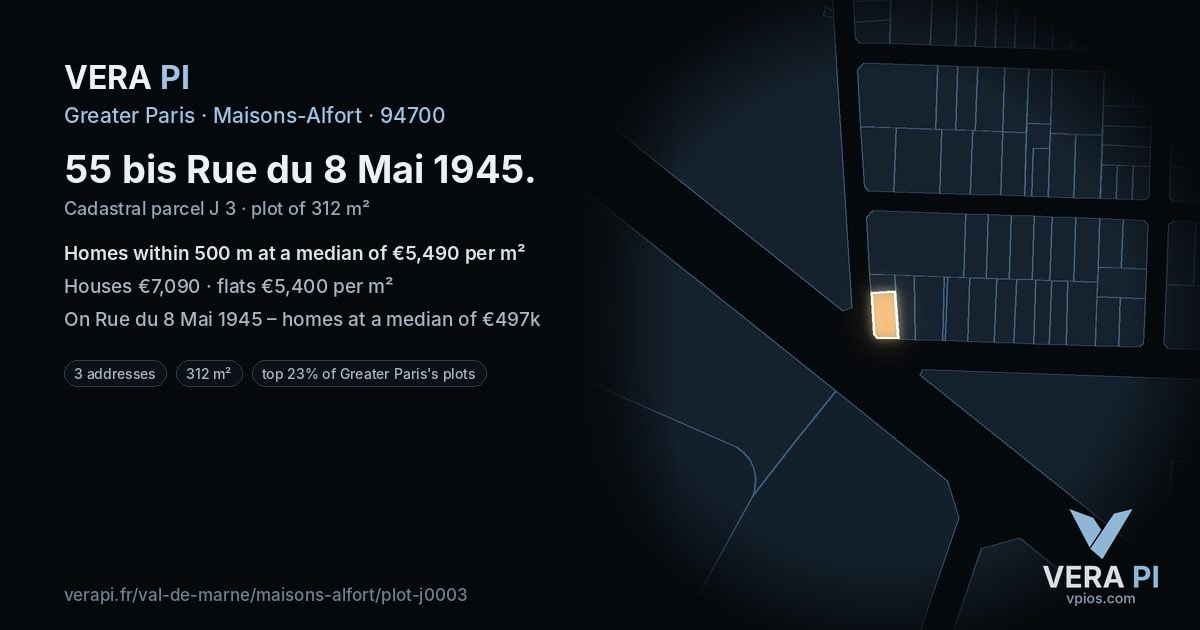 55 bis Rue du 8 Mai 1945, Maisons-Alfort at night – the plot lit, the parcels around coloured by the prices near them