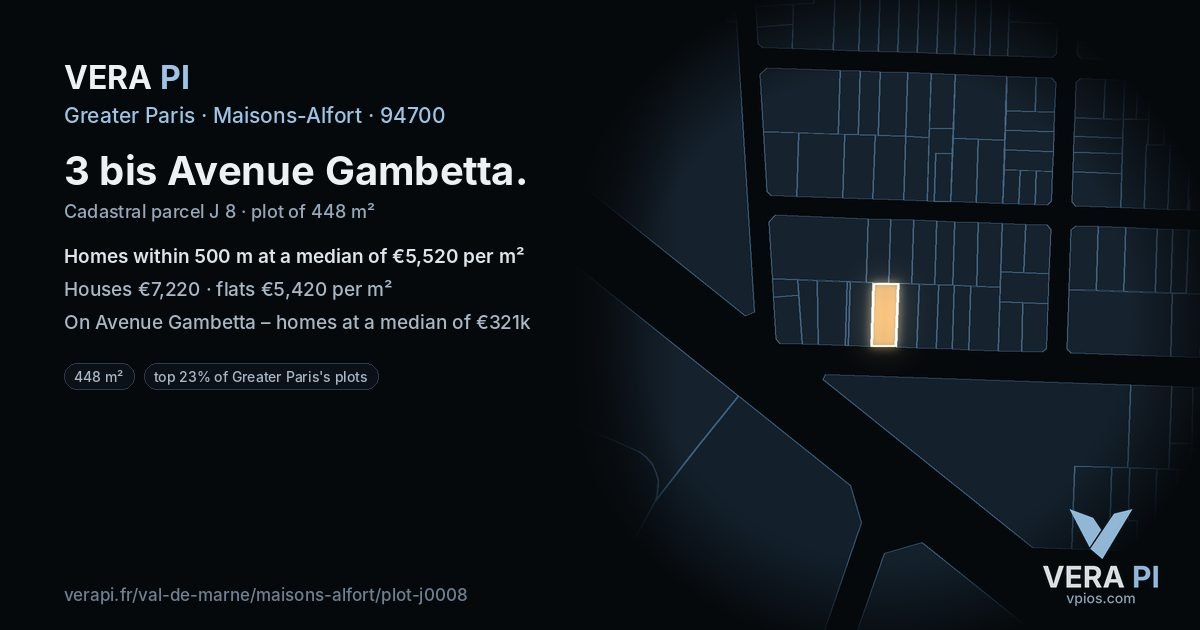 3 bis Avenue Gambetta, Maisons-Alfort at night – the plot lit, the parcels around coloured by the prices near them