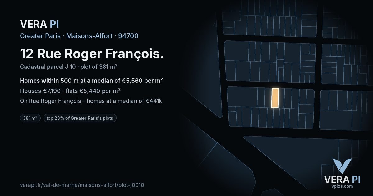 12 Rue Roger François, Maisons-Alfort at night – the plot lit, the parcels around coloured by the prices near them