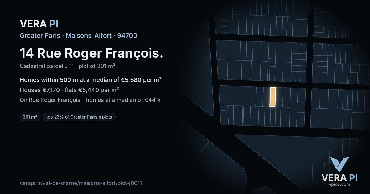 14 Rue Roger François, Maisons-Alfort at night – the plot lit, the parcels around coloured by the prices near them