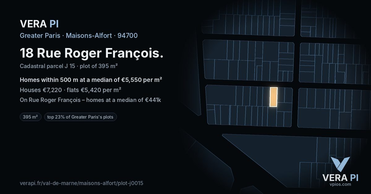 18 Rue Roger François, Maisons-Alfort at night – the plot lit, the parcels around coloured by the prices near them