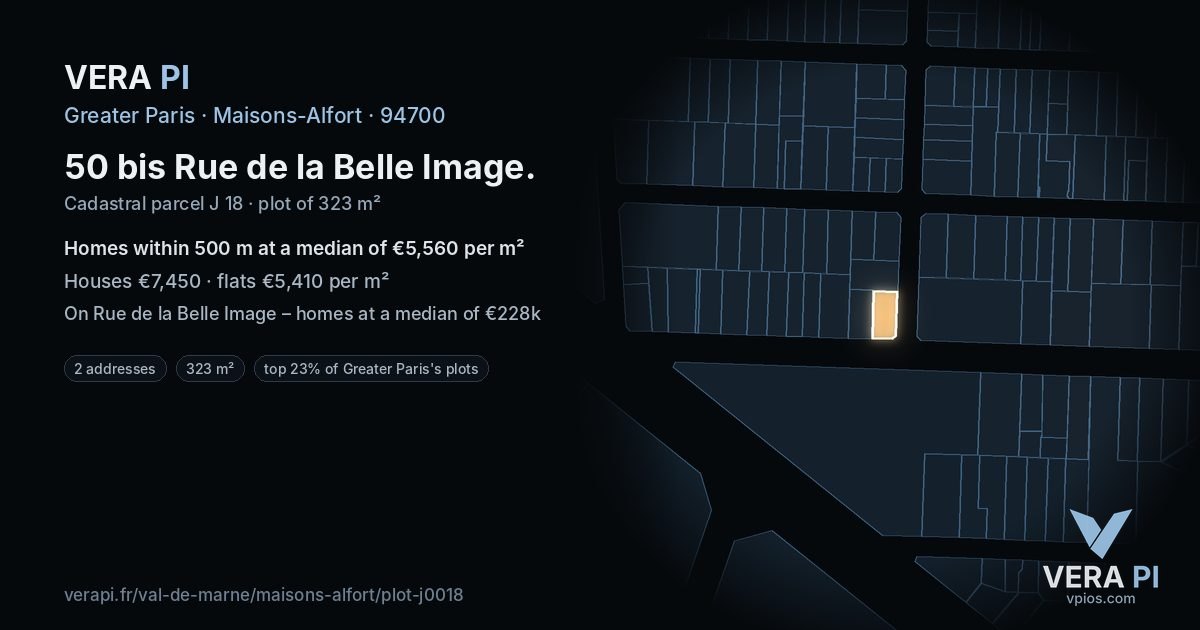 50 bis Rue de la Belle Image, Maisons-Alfort at night – the plot lit, the parcels around coloured by the prices near them