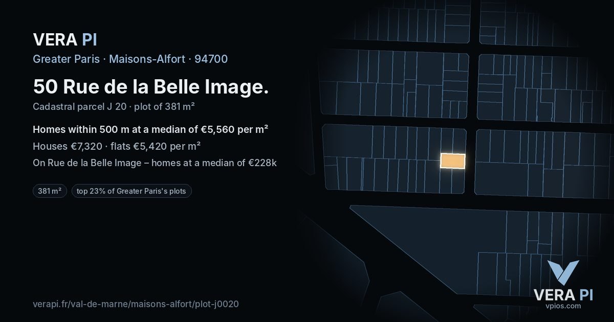 50 Rue de la Belle Image, Maisons-Alfort at night – the plot lit, the parcels around coloured by the prices near them