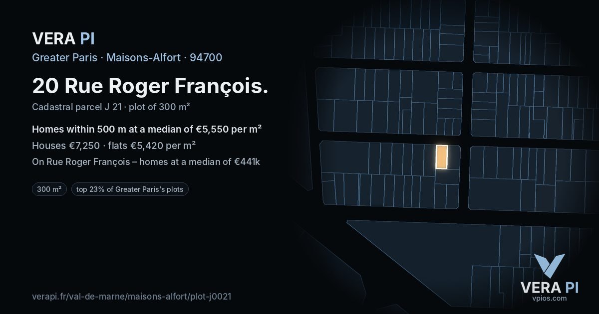 20 Rue Roger François, Maisons-Alfort at night – the plot lit, the parcels around coloured by the prices near them