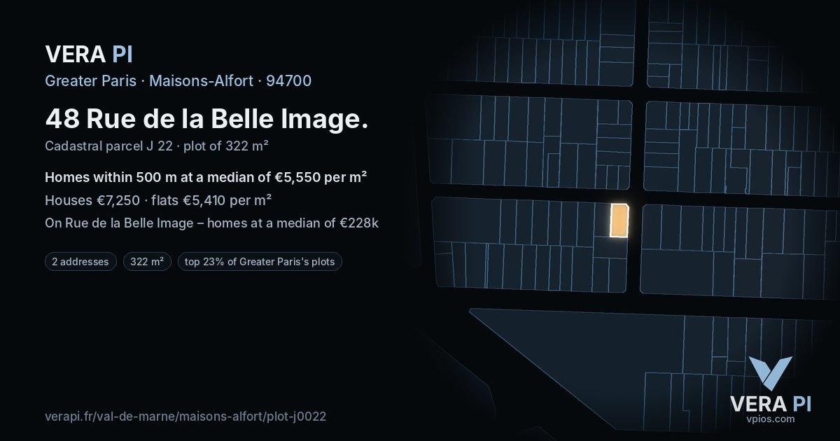 48 Rue de la Belle Image, Maisons-Alfort at night – the plot lit, the parcels around coloured by the prices near them