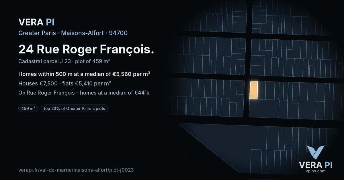 24 Rue Roger François, Maisons-Alfort at night – the plot lit, the parcels around coloured by the prices near them