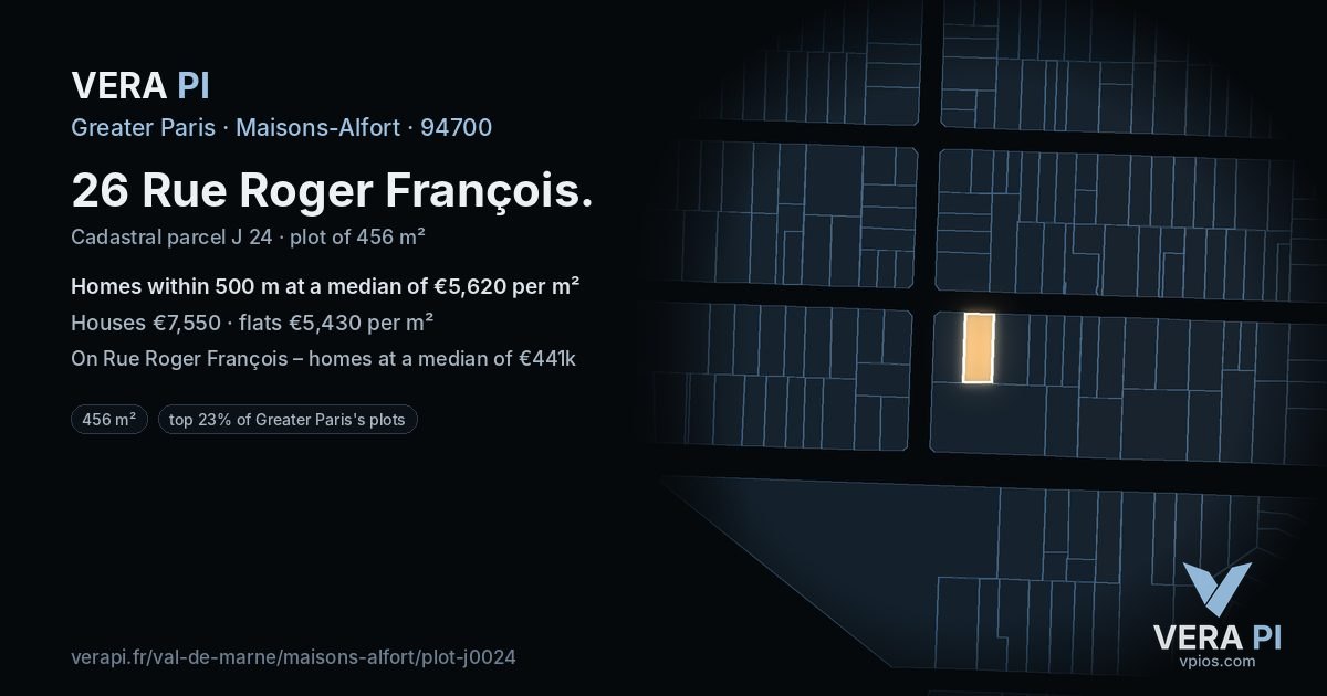 26 Rue Roger François, Maisons-Alfort at night – the plot lit, the parcels around coloured by the prices near them