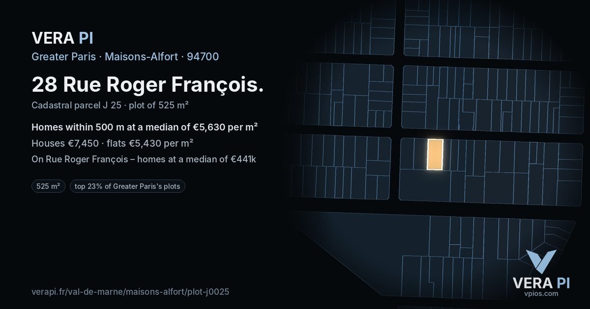 28 Rue Roger François, Maisons-Alfort at night – the plot lit, the parcels around coloured by the prices near them
