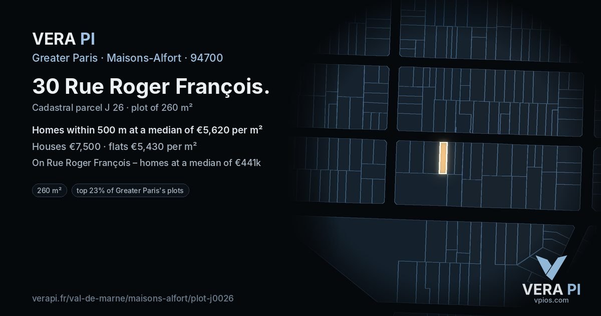 30 Rue Roger François, Maisons-Alfort at night – the plot lit, the parcels around coloured by the prices near them