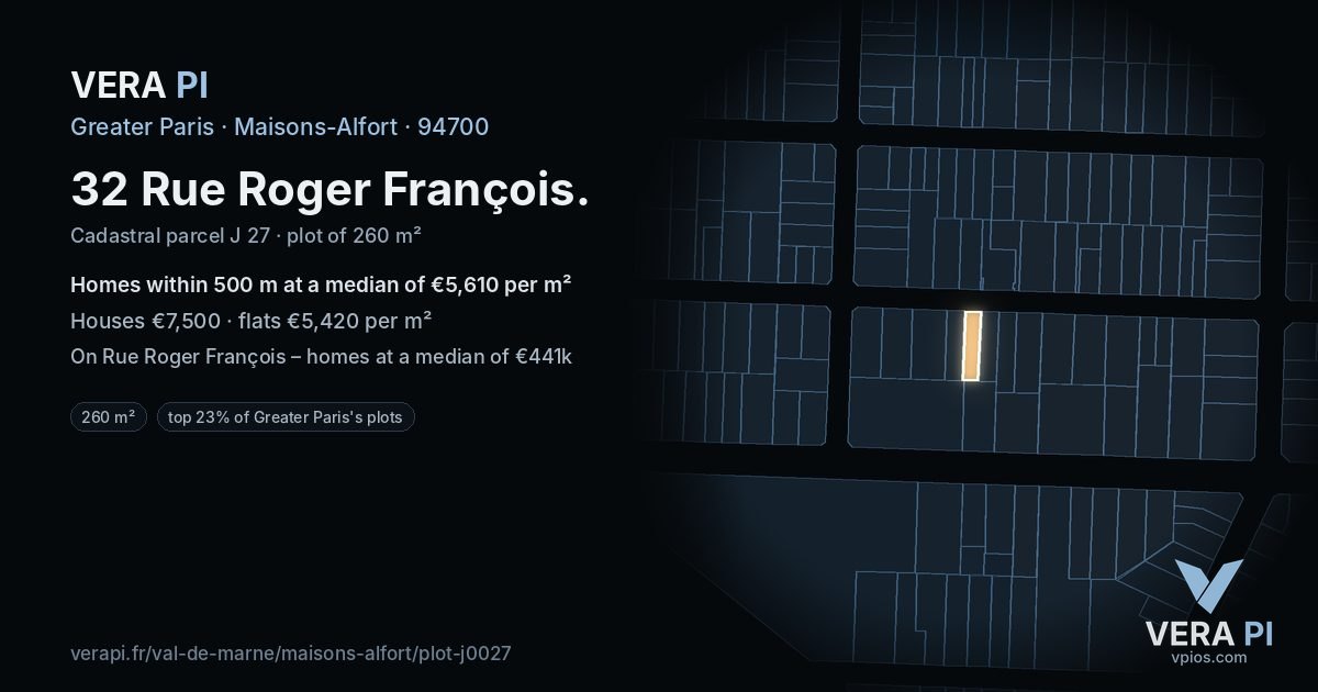 32 Rue Roger François, Maisons-Alfort at night – the plot lit, the parcels around coloured by the prices near them