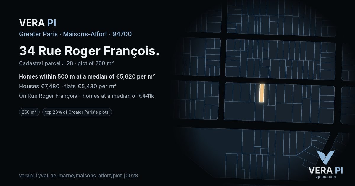 34 Rue Roger François, Maisons-Alfort at night – the plot lit, the parcels around coloured by the prices near them