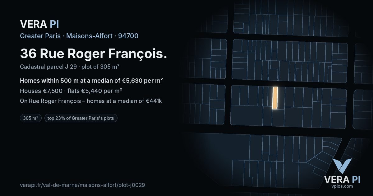 36 Rue Roger François, Maisons-Alfort at night – the plot lit, the parcels around coloured by the prices near them
