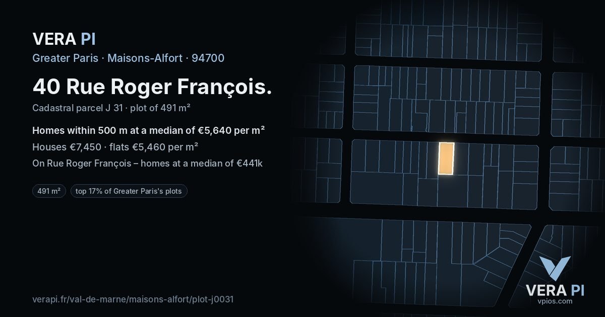 40 Rue Roger François, Maisons-Alfort at night – the plot lit, the parcels around coloured by the prices near them