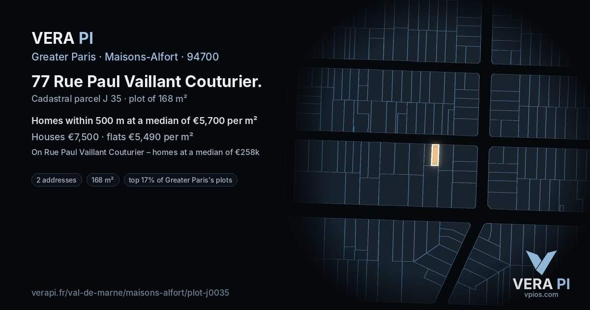 77 Rue Paul Vaillant Couturier, Maisons-Alfort at night – the plot lit, the parcels around coloured by the prices near them