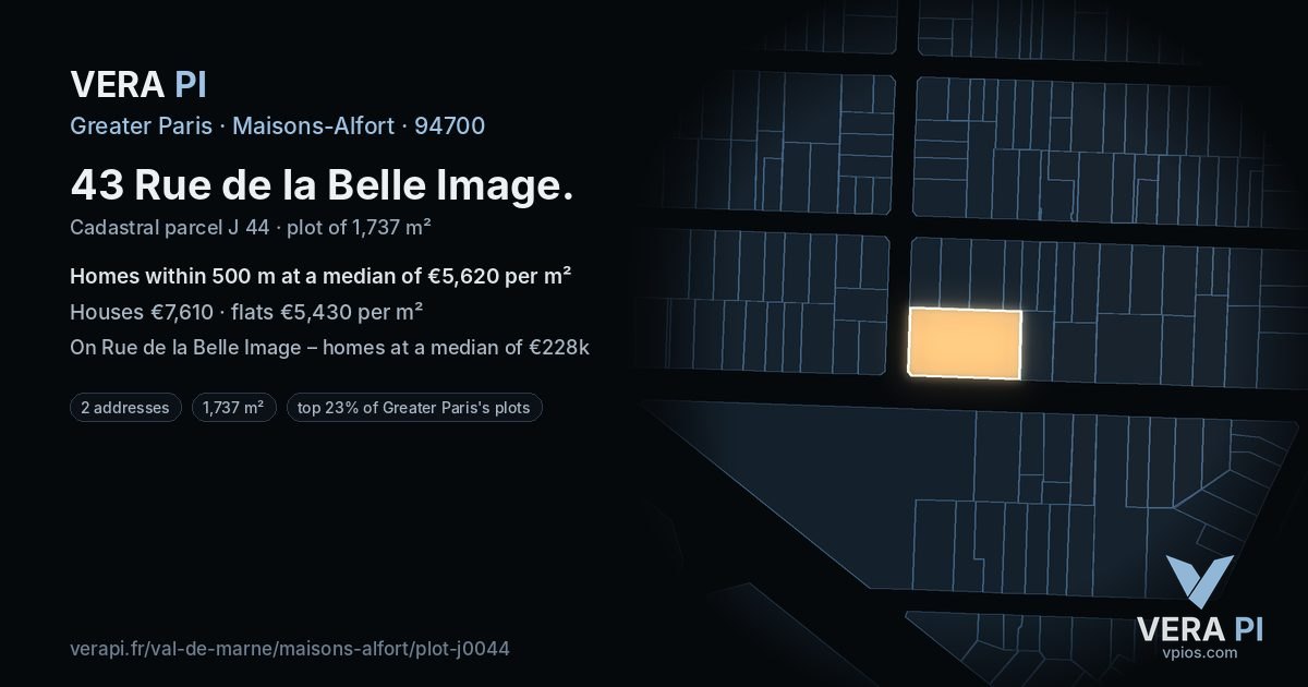 43 Rue de la Belle Image, Maisons-Alfort at night – the plot lit, the parcels around coloured by the prices near them