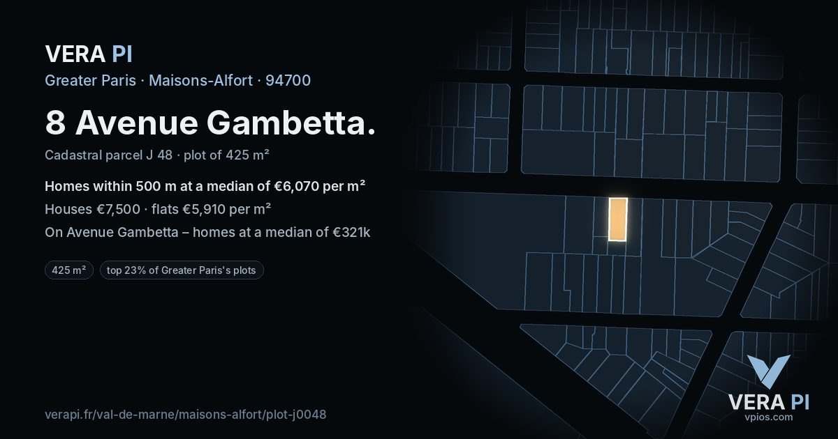 8 Avenue Gambetta, Maisons-Alfort at night – the plot lit, the parcels around coloured by the prices near them