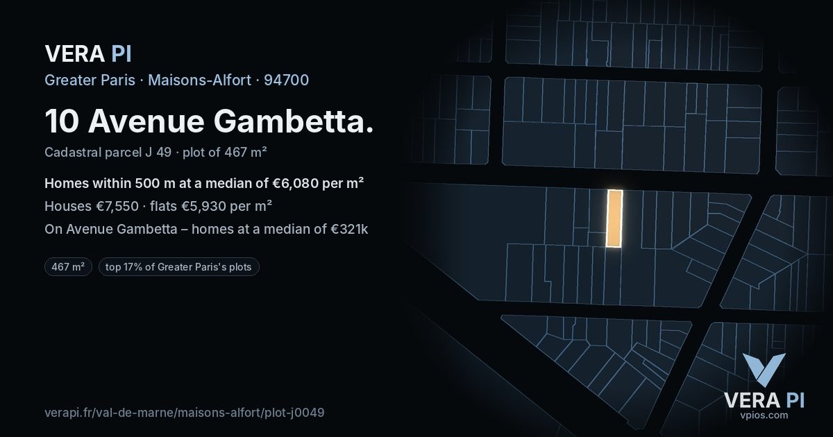10 Avenue Gambetta, Maisons-Alfort at night – the plot lit, the parcels around coloured by the prices near them