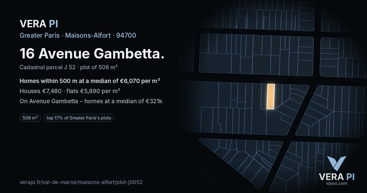 16 Avenue Gambetta, Maisons-Alfort at night – the plot lit, the parcels around coloured by the prices near them
