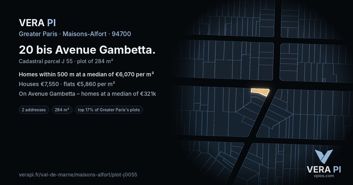 20 bis Avenue Gambetta, Maisons-Alfort at night – the plot lit, the parcels around coloured by the prices near them