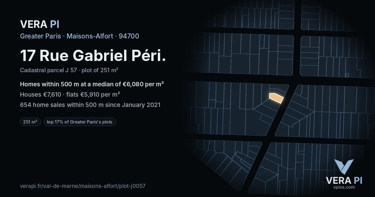 17 Rue Gabriel Péri, Maisons-Alfort at night – the plot lit, the parcels around coloured by the prices near them