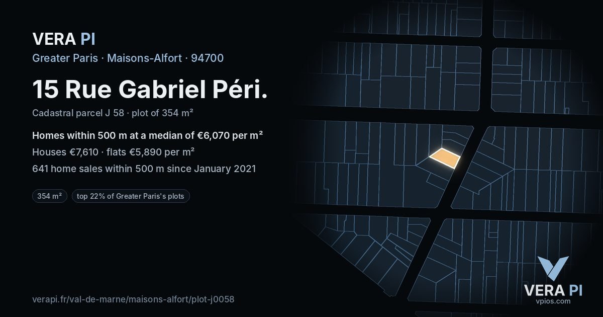 15 Rue Gabriel Péri, Maisons-Alfort at night – the plot lit, the parcels around coloured by the prices near them