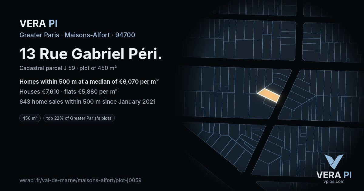 13 Rue Gabriel Péri, Maisons-Alfort at night – the plot lit, the parcels around coloured by the prices near them