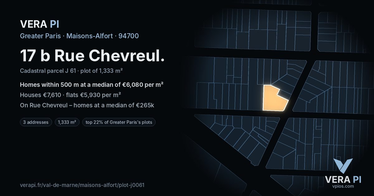 17 b Rue Chevreul, Maisons-Alfort at night – the plot lit, the parcels around coloured by the prices near them