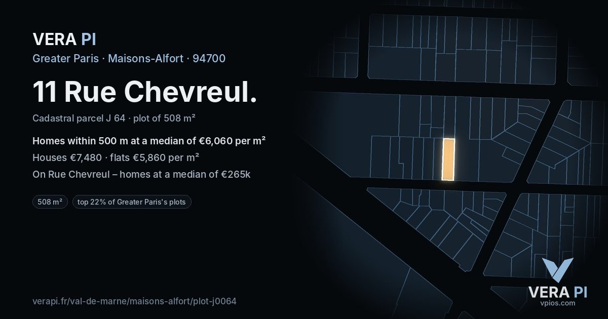 11 Rue Chevreul, Maisons-Alfort at night – the plot lit, the parcels around coloured by the prices near them