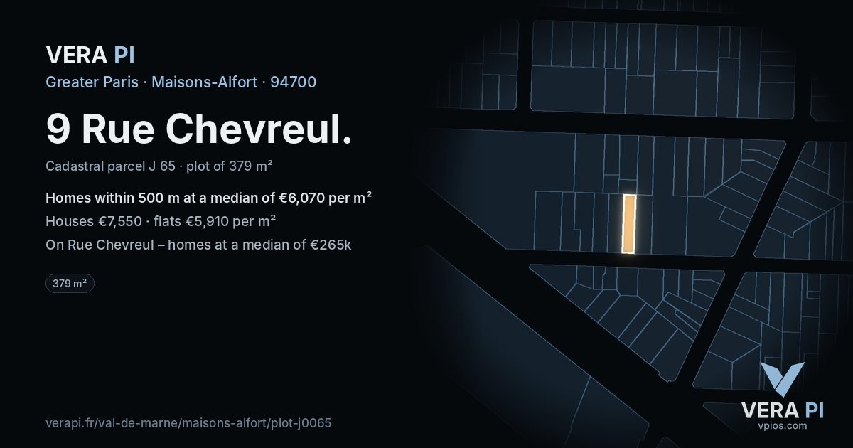9 Rue Chevreul, Maisons-Alfort at night – the plot lit, the parcels around coloured by the prices near them