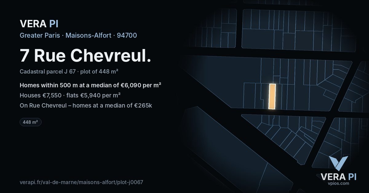 7 Rue Chevreul, Maisons-Alfort at night – the plot lit, the parcels around coloured by the prices near them
